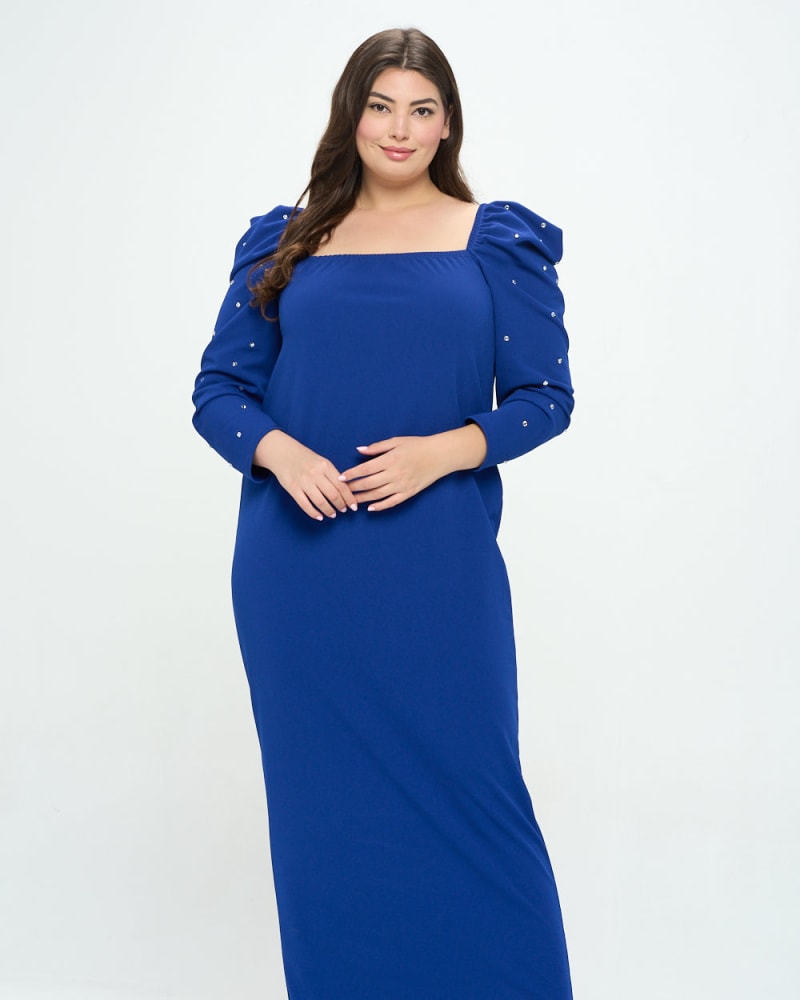 Front of a model wearing a size 1X Evangeline Rhinestone Sleeve Dress in Royal by L I V D. | dia_product_style_image_id:241338